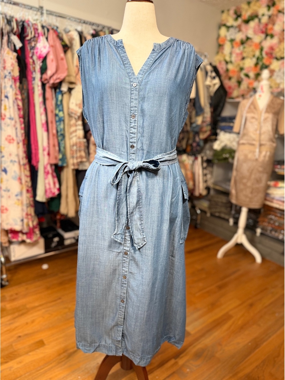 CURRENT AIR Tencel Chambray Belted Cargo Pocket Midi Dress NWT XS